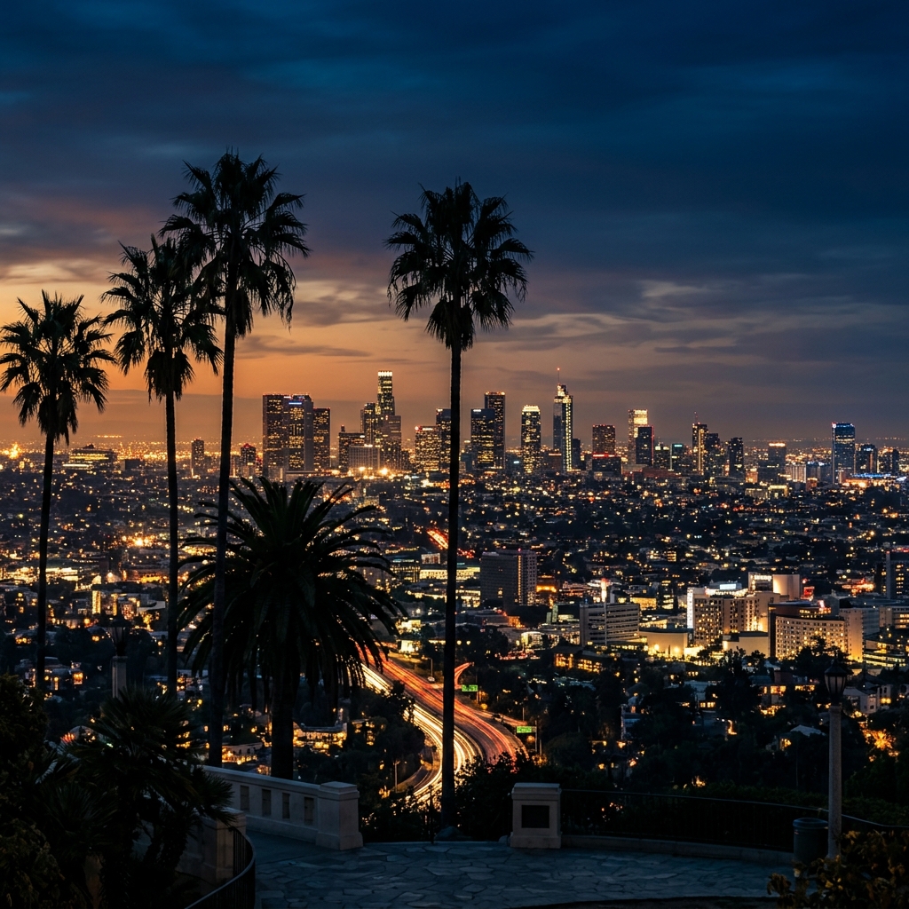 Los Angeles skyline framed by palm trees at night